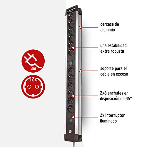 Brennenstuhl Premium-Alu-Line regleta enchufes con 12 tomas de corriente y 2 interruptores individuales (cable de 3 m, interruptor iluminado, Fabricado en Alemania) plateado/negro