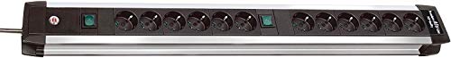 Brennenstuhl Premium-Alu-Line regleta enchufes con 12 tomas de corriente y 2 interruptores individuales (cable de 3 m, interruptor iluminado, Fabricado en Alemania) plateado/negro
