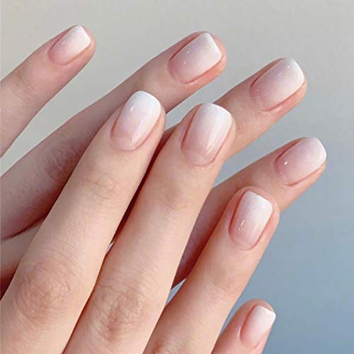 Brishow uñas postizas blancas uñas postizas cortas gradiente acrílico cubierta completa Stick on Nails 24 piezas para mujeres y niñas