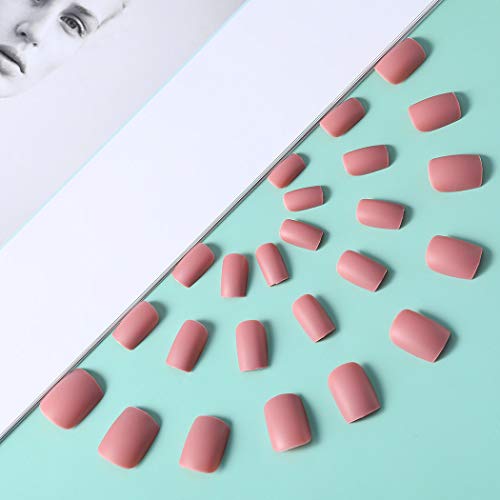 Brishow Uñas postizas cortas Acrílico Stick on Nails Bailarina Mate Press on Nails Cubierta completa 24 piezas para mujeres y niñas (Rosa Gris）