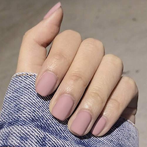 Brishow Uñas postizas cortas Acrílico Stick on Nails Bailarina Mate Press on Nails Cubierta completa 24 piezas para mujeres y niñas (Rosa Gris）