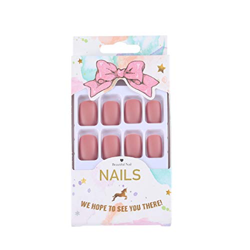 Brishow Uñas postizas cortas Acrílico Stick on Nails Bailarina Mate Press on Nails Cubierta completa 24 piezas para mujeres y niñas (Rosa Gris）