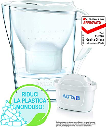 BRITA Marella blanca Pack Ahorro – Jarra de Agua Filtrada con 6 cartuchos MAXTRA+, Filtro de agua BRITA que reduce la cal y el cloro, Agua filtrada para un sabor óptimo, 2.4L