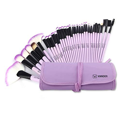 brochas de maquillaje,Vander- Juego de 32 brochas de maquillaje profesionales, base sintética, polvos, correctores, brochas de belleza con bolsa de viaje para cosméticos, Púrpura