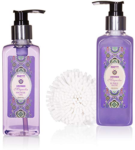 BRUBAKER Cosmetics Set de Baño y Ducha"Lavender & Magnolia" - Fragancia Lavanda Magnolia - Set de regalo 7 piezas en cesta decorativa