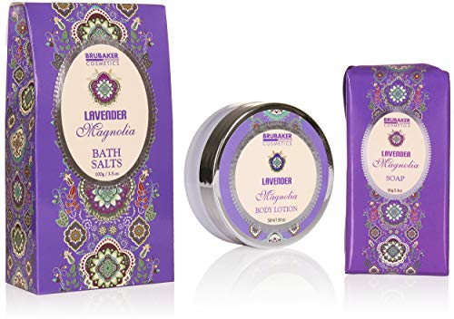 BRUBAKER Cosmetics Set de Baño y Ducha"Lavender & Magnolia" - Fragancia Lavanda Magnolia - Set de regalo 7 piezas en cesta decorativa