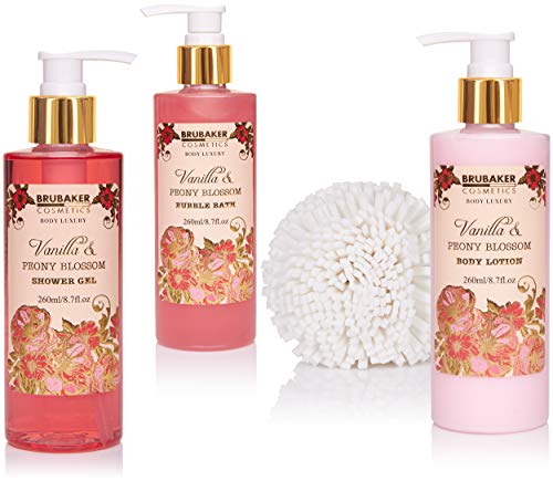 BRUBAKER Cosmetics Set de Baño y Ducha"Vanilla & Poeny Blossom" - Fragancia Flor de Peonía - Juego de regalo de 13 piezas en cesta decorativa