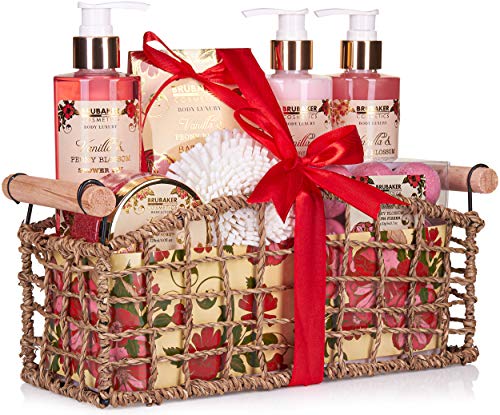 BRUBAKER Cosmetics Set de Baño y Ducha"Vanilla & Poeny Blossom" - Fragancia Flor de Peonía - Juego de regalo de 13 piezas en cesta decorativa