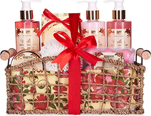 BRUBAKER Cosmetics Set de Baño y Ducha"Vanilla & Poeny Blossom" - Fragancia Flor de Peonía - Juego de regalo de 13 piezas en cesta decorativa