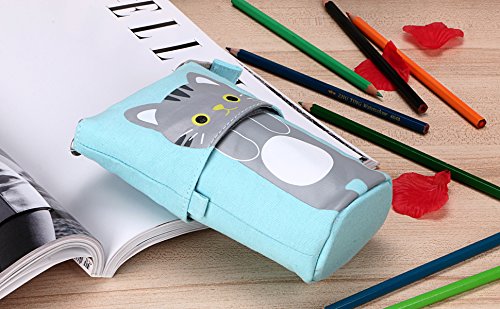 BTSKY Soporte telescópico para lápices de lona variable, lona de dibujos animados, gato, estuche de papelería, estuche, bolsa de almacenamiento para cosméticos, color Blue+Grey