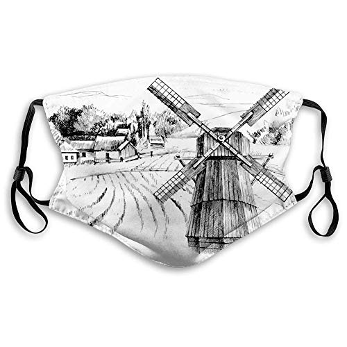 Bufanda de carbón Activado para la Cara de la Boca, Paisaje Rural Dibujado a Mano, Pueblo pequeño, Casas de Campo, Bosque y Molino, Bosquejo romántico, Decoraciones faciales