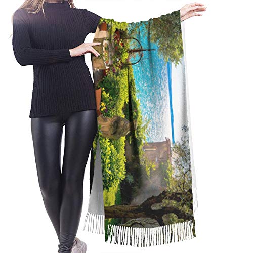 Bufanda Fringe Cachemira de imitación Chal Mujer Parque mediterráneo en la vista del Lago Di Garda, Sirmione, Región de Véneto de Italia Bufanda de invierno de Cálido Grueso Otoño Invierno para hombre