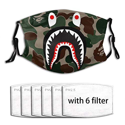 Bufandas bucales Bape Shark Camouflage Face Co_V-Er con 6 filtros y Clip Nasal, Protector Facial Reutilizable para Fitness al Aire Libre