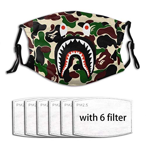 Bufandas bucales Bape Shark Camouflage Face Co_V-Er con 6 filtros y Clip Nasal, Protector Facial Reutilizable para Fitness al Aire Libre