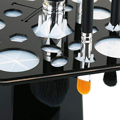 BYBOT Organizador de brochas de maquillaje con 28 agujeros, torre de aire, soporte plegable para brochas con alfombrilla de limpieza portátil para brochas de maquillaje