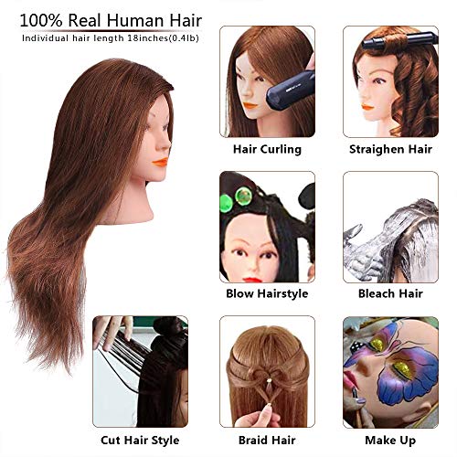 Cabeza Peluqueria Pelo Natural, MYSWEETY 100% Cabello Humano 45cm Cabezal de Peluquería para Curling, Alisar, Blanquear, Teñir Cabeza de Muñeca de Cosmetología Maniqui