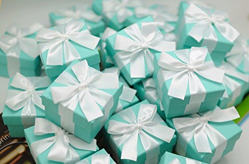 Cajitas para dulces cubo color Pantone-azul Tiffany con cinta blanca, 20 unidades