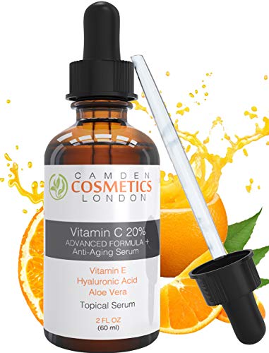 Camden Cosmetics - 2oz (60ml) Serum de vitamina C para la cara + ácido hialurónico, ayuda a incrementar la producción de colágeno y ayuda a disminuir las líneas de expresión, los puntos negros y las arrugas.
