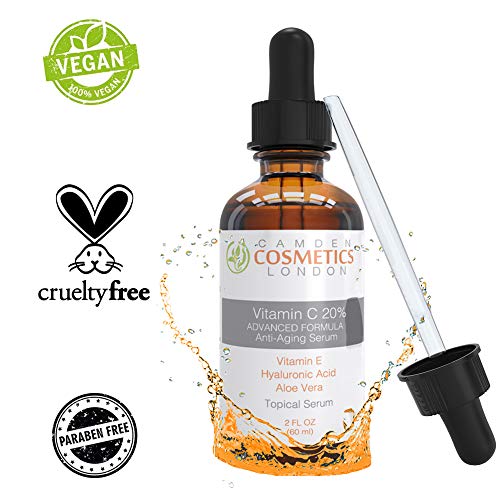Camden Cosmetics - 2oz (60ml) Serum de vitamina C para la cara + ácido hialurónico, ayuda a incrementar la producción de colágeno y ayuda a disminuir las líneas de expresión, los puntos negros y las arrugas.