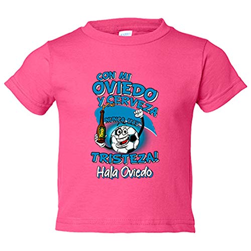 Camiseta niño frase con mi Oviedo y cerveza nunca hay tristeza fútbol - Rosa, 3-4 años