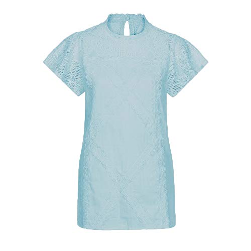 Camisetas Mujer SHOBDW Dia de la Mujer Verano Patchwork De Encaje Casual Ahuecar Volantes Manga Corta Suéter De Cuello De Tortuga Linda Blusa Floral Camiseta Blanca para Mujer (L, Azul)