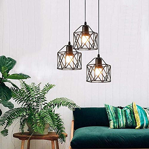 Candelabro de araña, Iluminación de techo, Lampara Colgante forma Jaula Combinación Palo Largo Luz de Techo Diseño Jaula de Hierro Metal 3 E27 Portalámparas Para Cocina Sala Pasillo Comedor Bar (C)