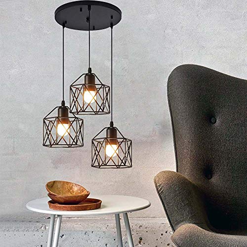Candelabro de araña, Iluminación de techo, Lampara Colgante forma Jaula Combinación Palo Largo Luz de Techo Diseño Jaula de Hierro Metal 3 E27 Portalámparas Para Cocina Sala Pasillo Comedor Bar (C)