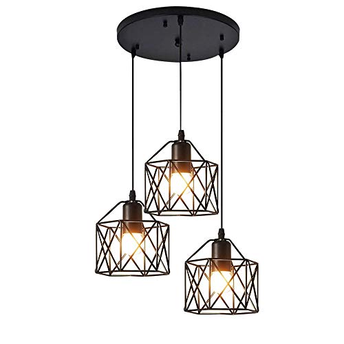 Candelabro de araña, Iluminación de techo, Lampara Colgante forma Jaula Combinación Palo Largo Luz de Techo Diseño Jaula de Hierro Metal 3 E27 Portalámparas Para Cocina Sala Pasillo Comedor Bar (C)