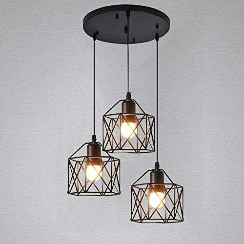 Candelabro de araña, Iluminación de techo, Lampara Colgante forma Jaula Combinación Palo Largo Luz de Techo Diseño Jaula de Hierro Metal 3 E27 Portalámparas Para Cocina Sala Pasillo Comedor Bar (C)