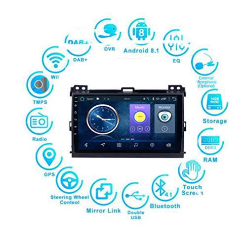 Car Media Player 9 Pulgadas Pantalla Táctil Android 9.1 para Toyota Prado 2004-2009,Car Media Player Soporte Pantalla Espejo WiFi Bluetooth Control del Volante Multiple Audio,4G WiFi:1+16G