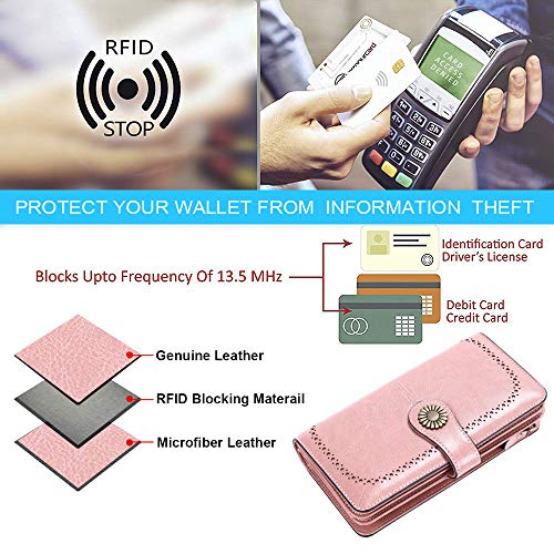 Cartera Cuero Mujer Bloqueo RFID Monedero Piel Mujer Grande con Muchos Bolsillos, Billetera Larga Mujer con Cremallera 26 Ranuras para Tarjetas, Carteras de Piel para Dama XXL (Rosa)