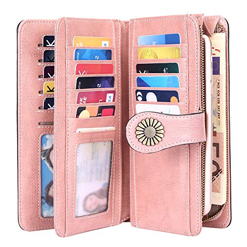 Cartera Cuero Mujer Bloqueo RFID Monedero Piel Mujer Grande con Muchos Bolsillos, Billetera Larga Mujer con Cremallera 26 Ranuras para Tarjetas, Carteras de Piel para Dama XXL (Rosa)