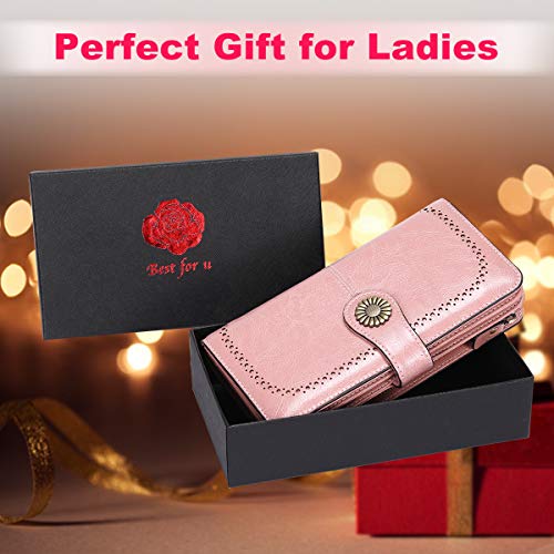 Cartera Cuero Mujer Bloqueo RFID Monedero Piel Mujer Grande con Muchos Bolsillos, Billetera Larga Mujer con Cremallera 26 Ranuras para Tarjetas, Carteras de Piel para Dama XXL (Rosa)