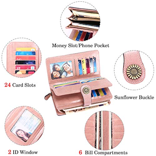 Cartera Cuero Mujer Bloqueo RFID Monedero Piel Mujer Grande con Muchos Bolsillos, Billetera Larga Mujer con Cremallera 26 Ranuras para Tarjetas, Carteras de Piel para Dama XXL (Rosa)