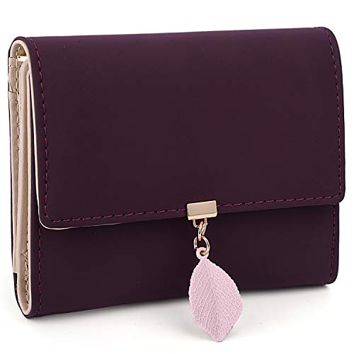 Cartera de Mujer - UTO Monedero Corto Adorno Hoja Colgante Cartera Minimalista con Bolsillo de Cremallera para Monedas Lila