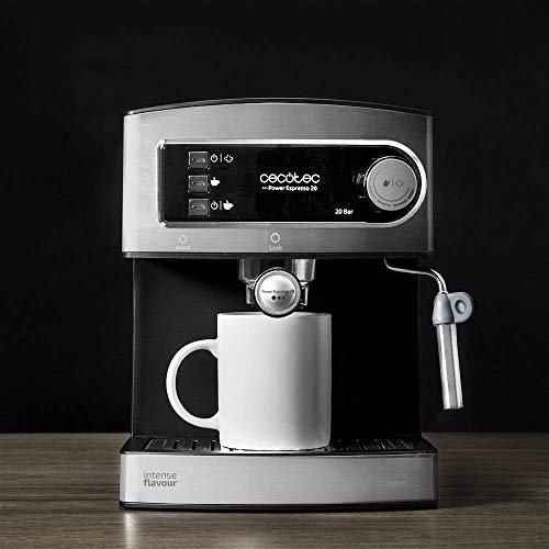 Cecotec Power Espresso 20 - Cafetera Express Manual, 850W, Presión 20 Bares, Depósito de 1,5L, Brazo Doble Salida, Vaporizador, Superficie Calientatazas, Acabados en Acero Inoxidable, Negro/Plata