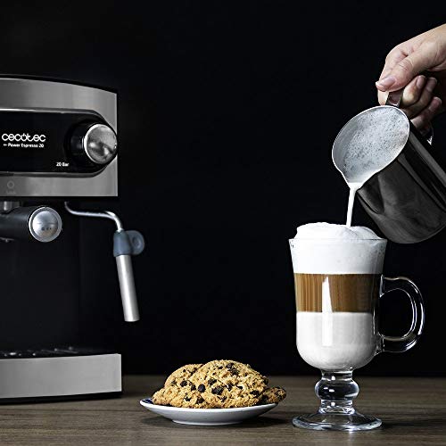 Cecotec Power Espresso 20 - Cafetera Express Manual, 850W, Presión 20 Bares, Depósito de 1,5L, Brazo Doble Salida, Vaporizador, Superficie Calientatazas, Acabados en Acero Inoxidable, Negro/Plata