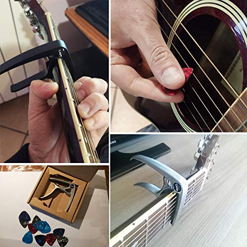 Cejilla Guitarra Capo para Guitarra Electrónica Clásica Acústica Aleación + 12 Púas 0,46 mm, 0,71mm, 0,96mm, 1,2mm