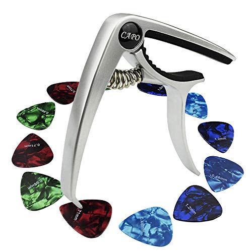 Cejilla Guitarra Capo para Guitarra Electrónica Clásica Acústica Aleación + 12 Púas 0,46 mm, 0,71mm, 0,96mm, 1,2mm