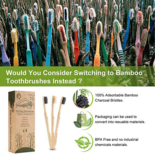 Cepillo Dientes Bambu, Paquete de 10 Cepillos de Dientes, 5 cepillo de carbón bambú y 5 cepillo de fibra bambú, 100% Libre de BPA, Cepillos de Dientes Naturales y Veganos para Una Mejor Limpieza