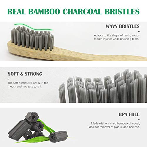 Cepillo Dientes Bambu Paquete de 6 + 2 Portacepillos de Dientes, Cepillos de Dientes de Bambú con cerdas de carbón de bambú para Una Mejor Limpieza, Embalaje Reciclable, 100% libre de BPA