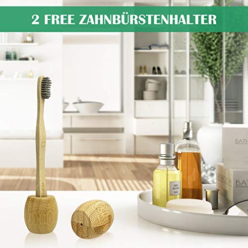 Cepillo Dientes Bambu Paquete de 6 + 2 Portacepillos de Dientes, Cepillos de Dientes de Bambú con cerdas de carbón de bambú para Una Mejor Limpieza, Embalaje Reciclable, 100% libre de BPA
