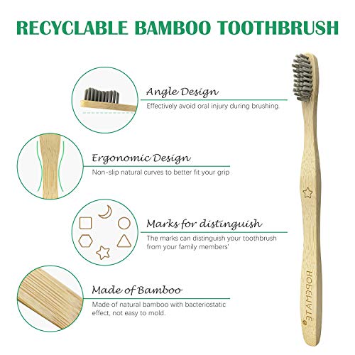 Cepillo Dientes Bambu Paquete de 6 + 2 Portacepillos de Dientes, Cepillos de Dientes de Bambú con cerdas de carbón de bambú para Una Mejor Limpieza, Embalaje Reciclable, 100% libre de BPA