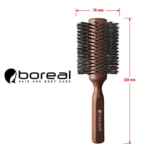 Cepillo para el pelo antiestático de haya barnizada. Rodillo gigante en pura cerda de jabalí. Diámetro de 76 mm. Producido enteramente en Italia.