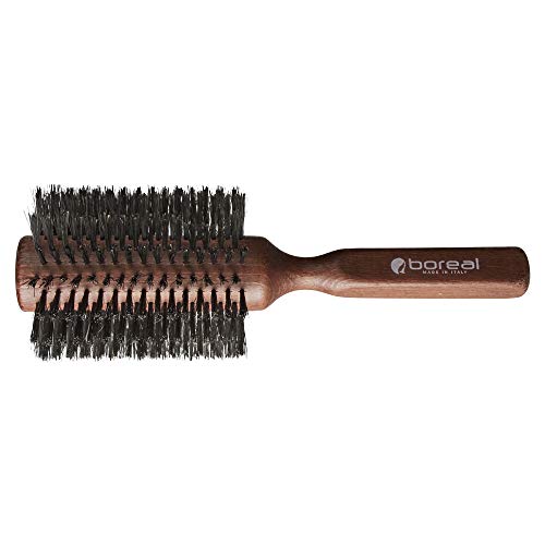 Cepillo para el pelo antiestático de haya barnizada. Rodillo gigante en pura cerda de jabalí. Diámetro de 76 mm. Producido enteramente en Italia.