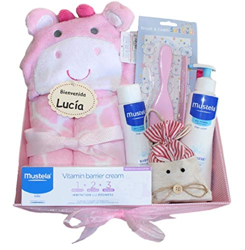 Cesta Bebé Mustela Rosa - canastilla Mustela - regalo bebé Mustela: gel de baño + crema bálsamo + loción + set peine y cepillo+ capa-arrullo