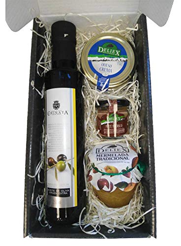 Cesta de productos gourmet para Navidad con aceite de oliva virgen extra 250 ml en vidrio, crema de queso de oveja natural 110 g, paté ibérico DELIEX en formato de 30 g y mermelada de naranja