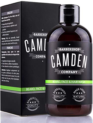 Champú para barba 2 en 1 de Camden Barbershop Company ● Cuidado natural para la barba y limpieza del rostro ● Aroma fresco ● Sin perfume ● 250 ml