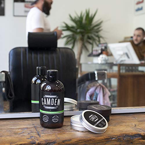 Champú para barba 2 en 1 de Camden Barbershop Company ● Cuidado natural para la barba y limpieza del rostro ● Aroma fresco ● Sin perfume ● 250 ml