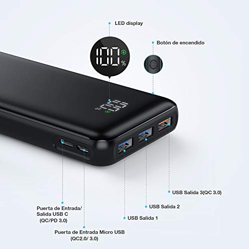 Charmast Batería Externa 23800mAh Power Bank USB C PD18W & QC3.0 Rápido Cargador Portátil Móvil Ultra Alta Capacidad con Pantalla LCD Digital,con 4 Salidas y 2 Entradas para Smartphones Tabletas y Más